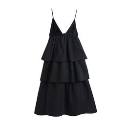 Summer Sexy Dress Women Holiday Style Three Layer Cake Sling Ruffles Sleeveless Shoulder Straps Black 210607