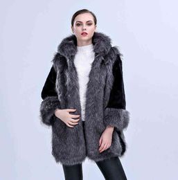 Women Winter Warm Artificial Fur Mink Hooded Coat Luxury Splice Fashion Hide The Pocket Jacket 211213