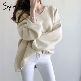 syiwidii cashmere oversize sweater women solid korean top V neck loose casual pullovers female knitted winter sweater women 210417