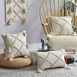 Linen cushion cover 45x45cm/30x50cm Pillow Case cover Beige Boho Style Tassles for Home decoration Netural Living Room Bedroom 210401