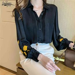 Embroidery Floral Women Blouse and Tops Office Lady Turn Down Collar Shirts Black Chiffon Female Clothing 12863 210508