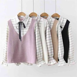 HSA Women Harajuku Fake Two Piece Shirt Flare Long Sleeve Plaid Tops Blouses Patchwork Sweater Chemise femme blusas 210417