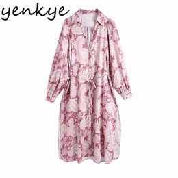 Spring Women Vintage Paisley Print Loose Dress Female Lapel Collar Long Sleeve Sashes Side Slits Casual Plus Size 210514