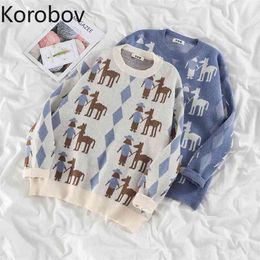 Korobov Japanese Style Knitted Jacquard Women Sweaters Korean O Neck Long SleevePullovers Harajuku Streetwear Sueter Mujer 210430