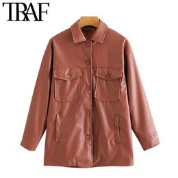 TRAF Women Fashion Faux Leather Pockets Loose Jacket Coat Vintage Long Sleeve Pockets Female Outerwear Chic Tops 210415