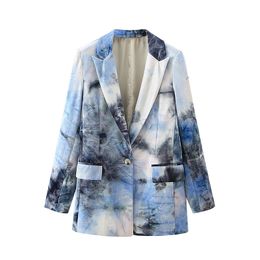 Causal Women Blue Tie-Dye Velvet Jacket Fashion Ladies V-Neck Singles Button Coats Streetwear Female Chic Slim Jackets 210430