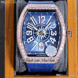 RF Vanguard V45 SC DT A21J Automatic Mens Watch 18K Rose Gold Diamonds Case Blue Dial White Big Number Markers Leather Rubber Bling Jewelry Watches Puretime F03L12