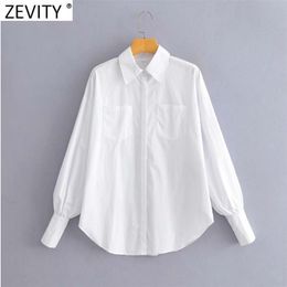 Women Basic Double Pockets Patch Lantern Sleeve Casual Breasted Shirt Female White Blouse Roupas Chic Chemise Tops LS9055 210416
