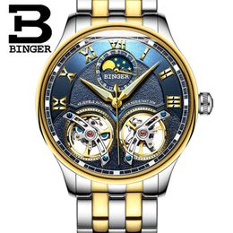 Double Tourbillon Svizzera Uomo orologi B Ginger Automatic Watch Self-Wind Fashion Meccanico Orologio da polso in acciaio orologio Reloj WristWatches