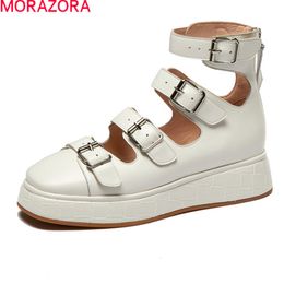 MORAZORA Summer Genuine Leather Shoes Women Thick Bottom Platform Party Shoes Buckle Fashion Ladies Sandals Black White 210506