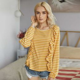 Vintage Striped Women T-Shirts Casual Loose O-Neck Long Sleeve Ruffles Patchwork Spring Autumn Harajuku Female Tees W919 210526