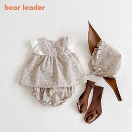 Bear Leader born Baby Casual Summer Clothing Set Fashion Lace Sleeve Infant Baby Outfits Tops Pant With Hat Sweet Clothing 210708