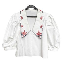 PERHAPS U White Turn Down Collar Embroidery Shirt Puff Short Sleeve Button Blouse Summer Casual Loose Women B0825 210529