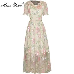 Fashion Designer Summer Elegant Sequins Party Dress Women's V-Neck Short Sleeve Mesh Vintage Midi 210524