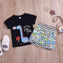 Summer Children Sets Casual Short Sleeve Print Cartoon T-shirt Dinosaur Shorts 2Pcs Boys Clothes 1-5T 210629