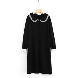 Black Solid Velvet Button Peter Pan Collar Ruffle Lace Long Sleeve Mid-calf Dress Elegant Winter Autum Straight D1486 210514