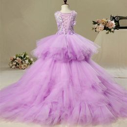 Elegant Long Trailing Appliques First Communion Dress Purple Tulle Ball Gown Kids Pageant Gown Flower Girl Dress for Weddings 210331