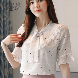 Fashion Clothing Women Blouses and Tops White Harajuku Chiffon Shirt Bow Polka Dot Blouse 3050 50 210417