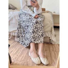 Chinese Ink Painting Pleated Skirt Summer Korean Style Retro Elastic Waist Floral Folds Cover Meat and A Fairy Long 210529
