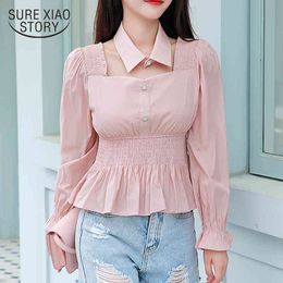 Casual Elegant Solid Pleated Blouse Autumn Puff Long Sleeve Chiffon Shirt For Women Pink Pullover Ladies Tops 11044 210415