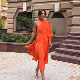 Women 2022 Spring Elegant Retro Half High Neck Pleated Slit Dresses New Fashion Sexy One Shoulder Solid Long Sleeve Party Dress Y1204