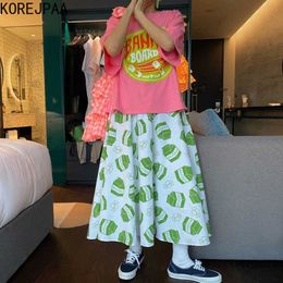 Korejpaa Women Sets Summer Korean Chic Simple Round Neck Letter Cartoon Short-Sleeved T-Shirt High Waist Box Print Skirt 210526