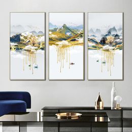 Chinese Style Abstract Landscape Canvas Poster Print Flowing Golden Moutain Wall Art Painting For Living Room Bedroom Home Decor