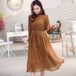 Plus Size Lace Up O-neck Print Chiffon Women Dress Flare Full Sleeve A-line Female Dress Ruched Mid-length Vestidos Spring 210522