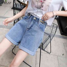 Summer Women High Waist Wide Leg Button Blue Denim Skirt Casual Female Loose Fit Streetwear Jeans Shorts 210430