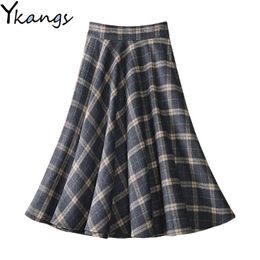 Womens Autumn Winter Warm Plus Size 4XL Wool Skirts Elegant Korean Style Plaid High Waist Long Skirt Office Ladies Clothes 210421