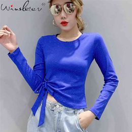 Tee Tops Spring Womens Glitter Shiny T shirt Sale Cotton Long Sleeve Casual Women Clothing T02604B 210421