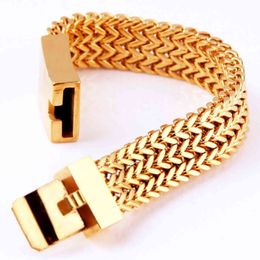 22mm Wide Trendy Men's Boy's Three-row Figaro Flat Chain Wirstband Stainless Steel Gold Tone Bracelet Bangle Biker Jewelry 8.66"