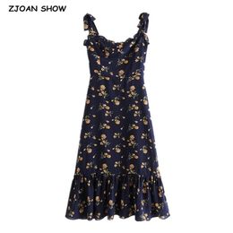 Vintage French Floral Print Bandage Spaghetti Strap Ruffles Hem Midi Dress Retro Women Tie Bow Sling Dresses Holiday 210429