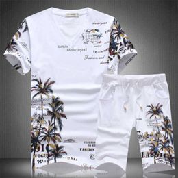 Summer Beach Shorts Sets Men Casual Coconut Island Printing Suits Mens Clothing Suit Male Sets T Shirt +Pants 5XL 210528