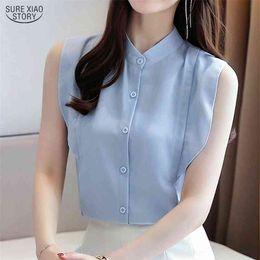 Women Tops Korean Sleeveless Chiffon Shirt Solid Casual Stand Collar Grey Blue Cardigan Womens and Blouses 9789 210506