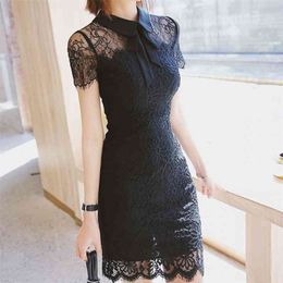 summer mesh yarn stitching black lace dress sexy temperament slim package hip girl Office Lady 210416