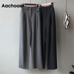 Aachoae Solid Color Women Office Wear Wide Leg Pants High Waist Long Pleated Trousers Female Casual Loose Straight Pants 210413