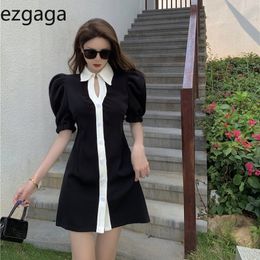 Ezgaga Vintage Puff Sleeve Office Lady Elegant Mini Dress Contrast Summer High Waist V-Neck Single-breasted Sexy Women Bodycon 210430