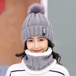 2PCS Winter Warmer Scarf Hats For Women Skullies Beanies Thick Wool knit Letter Caps 211119