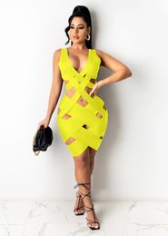 Hollow Out V Neck Sexy Dress Women New Summer Weave Sleeveless Backless Bandage Dresses Female Party Club Wear Body Con Mini Dress 228