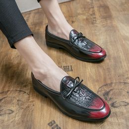 wedding dress shoes men black Gradient red Bowknot Crocodile pattern fashion loafers handmade party flats