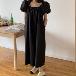 Women Black Pleated Backless Dress Square Collar Short Puff Sleeve Loose Fashion Casual Spring Summer 16F0756 210510