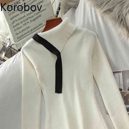 Korobov Contrast Colour Knitted Dresses Irregular Half Turtlenck Long Sleeve Slim Waist Dress Women Korean Casual Vestidos Mujer 210430