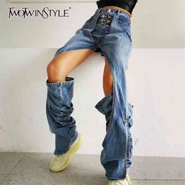 Twotyle elegante oco out mulheres jeans cintura alta denim casual largo perna calças para roupas de moda feminina verão 210629