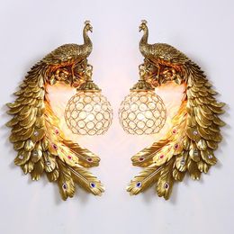 Wall Lamp American Retro Peacock Artificial Painting Resin Decor Bedroom Corridor Aisle Sconce Indoor Lighting Fixture