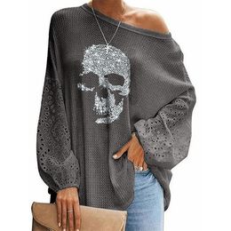 Mandylandy New Large Size Tshirts Tops Women Skeleton Printed Loose Shirts Stitching Ladies Tshirt Long Sleeve Casual T-shirt X0628