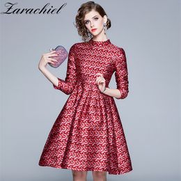 Women Autumn Luxury Red Plaid Jacquard Dress Festa Quality Elegant Party Robe Femme Vintage High Waist Ball Gown Vestidos 210416