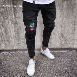 Fashion Mens Skinny black Ripped Slim fit Stretch Denim Frayed Biker Jeans Boys Embroidered Patterns Pencil Trousers 210331