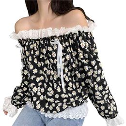 Ruffles Blouse Women Flare Sleeve Tops Shirts Female Sexy Slash Neck Loose Casual Lace Hollow Out Street Wear 210601