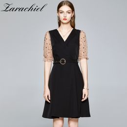 Elegant V-neck Mesh Patchwork Puff Sleeve Women Office Ladies Sash Belt One-piece Summer Work Wear Female Mini Dress 210416